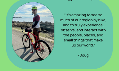 Cascade green branded graphic with image of Doug on his bike and the phrase "This is What Membership Looks Like"